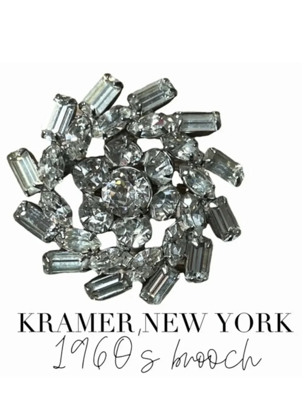 Vintage Mid-Century Kramer of New York Clear Rhinestone Pinwheel Brooch Silver